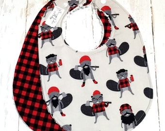 Lumberjack Baby Bibs for Baby Boy - Set of 2 Triple Layer Chenille, Buffalo Plaid, Red, Black, Gray - BURLY BEAVERS & PLAID