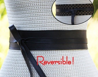 REVERSIBLE Black Leather Obi Wrap Sash Belt - bonus reversible fabric print - XS S M L XL Petite & Plus Size - Cinch Sash Custom Made