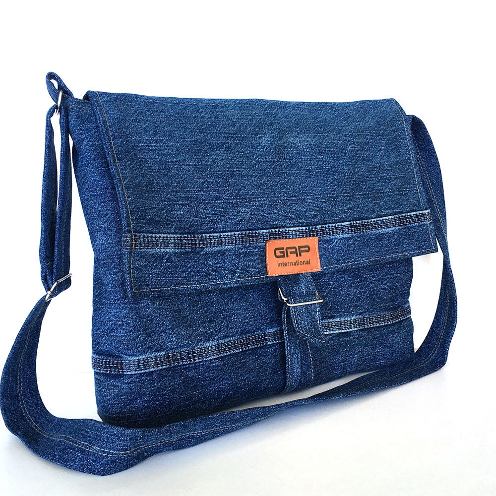 Recycled jean messenger bag Large denim crossbody by Sisoibags