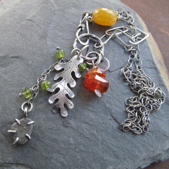 Long Silver Charm Cluster Necklace Leaf Fall Autumn Beauty