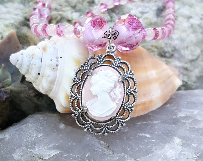 Victorian Lady Cameo Necklace, Vintage Style, Pink, Filigree Setting, Long beaded chain