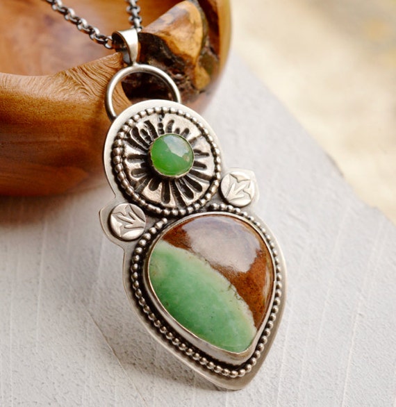 Unique Chrysoprase Necklace in Oxidized Silver by EONDesignJewelry