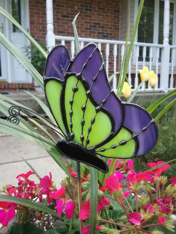 Purple and Lime Green Stained Glass Butterfly Garden Stake