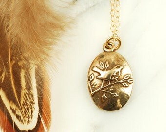 Wren Necklace - Bronze Bird Necklace with Gold Fill Chain