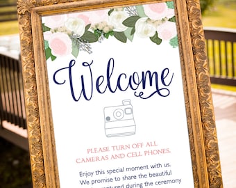 Unplugged Wedding Sign, Unplugged ceremony Sign, Social media sign, Blush And Navy, no cell phone sign, downloadable wedding sign, floral