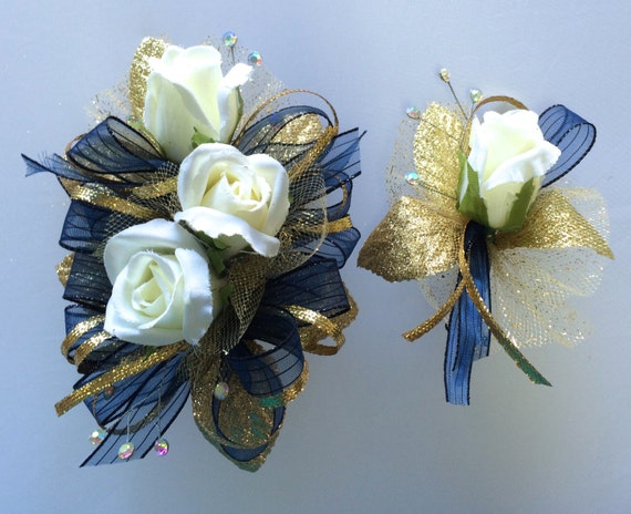 Navy Blue & Gold Prom Corsage and by FlorescenceByDesign on Etsy