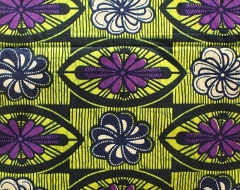 African fabric, by the yard, Ankara Print, Purple and Green Ankara Fabric, African wax Print, Floral fabric, 1 Yard, tissu africain, Nichem
