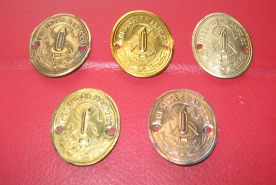 5 Singer Sewing Machine Brass Badges Emblems Logo Plates