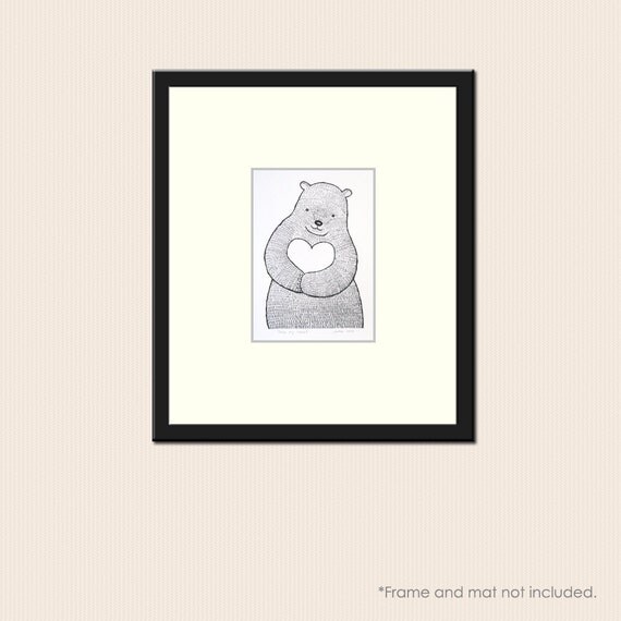 Bear with Heart Ink Drawing Print Bear Illustration Black
