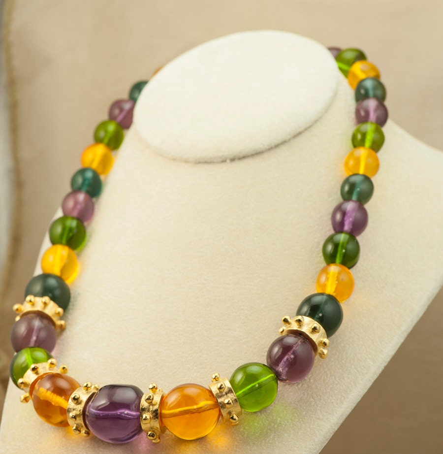 necklace of large colorful lucite bead and gold tone vintage necklace of large colorful lucite bead and gold tone vintage
