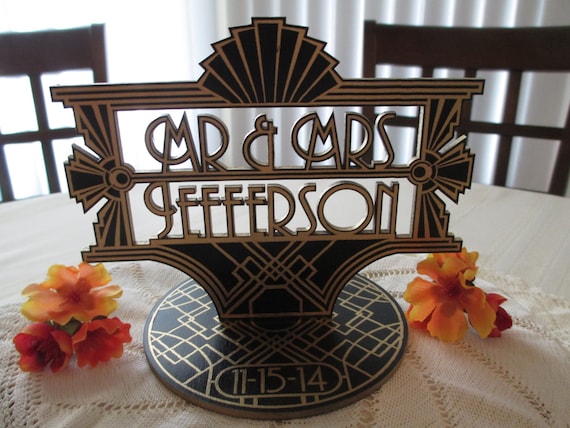 Cake Topper Engraved Art Deco Gatsby Style Roaring Twenties