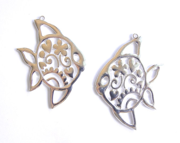 Pair ofFish Charms with Decorative Cut-out Design Bright Siver-tone