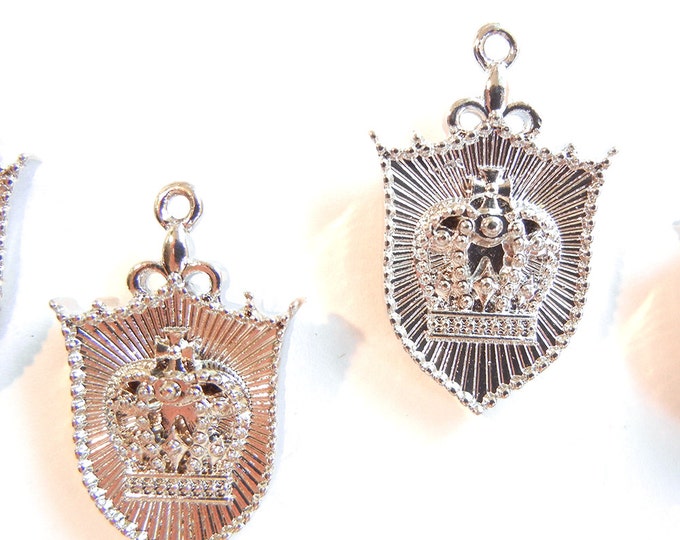 4 or 2 Pairs of Silver-tone Shield-shaped Double-sided Crown Crest Charms