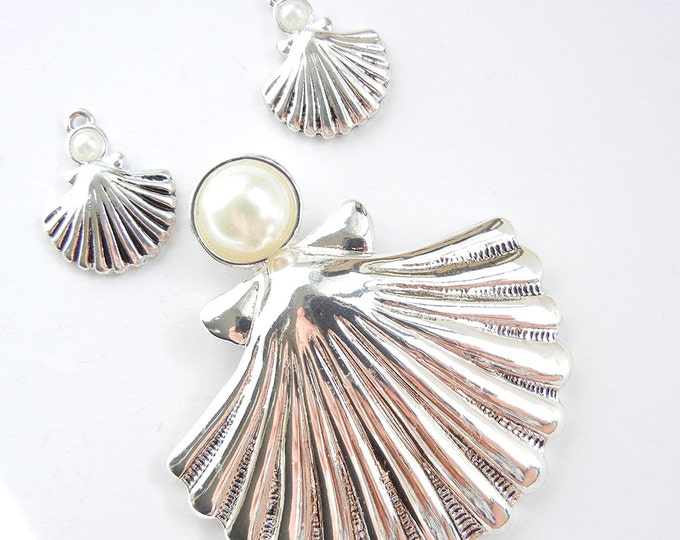 Set of Silver-tone Seashell Pendant and Charms with Pearl Cabochon