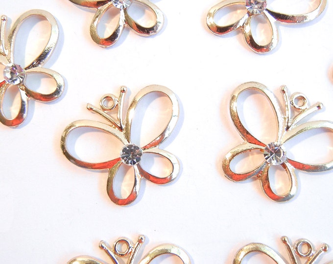 10 or 5 Pairs of Gold-tone Outline Butterfly Charms with Center Rhinestone