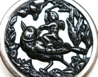 LG Antique BUTTON, Victorian Cupid Riding a BIRD, 1.13".