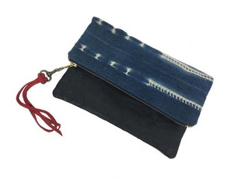 Indigo & Leather Foldover Clutch | BLACK