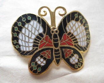 Butterfly Black Red White Brooch Gold Enamel Vintage Pin Cloisonné Pendant