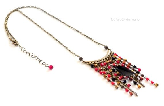 Short adjustable red and black fringe and feather necklace,Fringe necklace,Feather necklace,Original necklace,Designer jewelry,Boho necklace