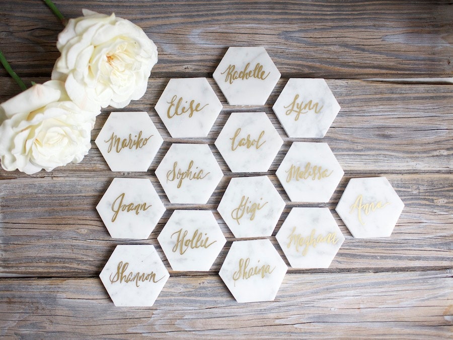 Calligraphy names on Italian Carrara Marble hexagons for wedding favors, escort table, paper weight, coaster, bridal shower, wedding.
