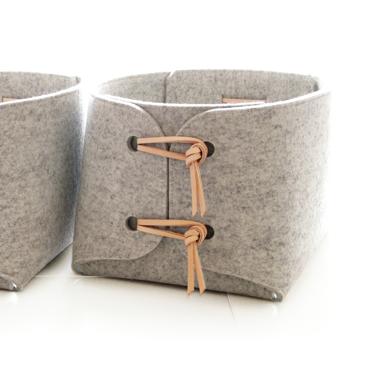 Large storage bin with natural leather details storage