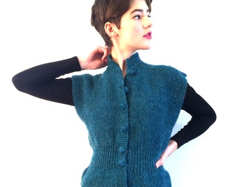 BASIA DESIGNS Classic Hand Knit Peplum Vest in Turquoise - Free US Shipping