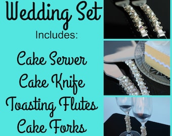 Custom wedding cake server set flutes forks champagne glasses wedding cake knife cake cutter Swarovski crystal wedding table decor party