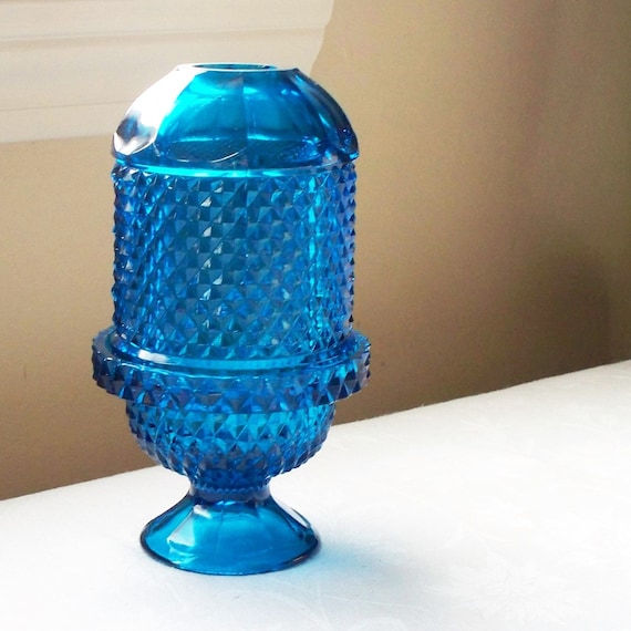 Blue Glass Fairy Lamp Antique Vintage Diamond by swampYankee