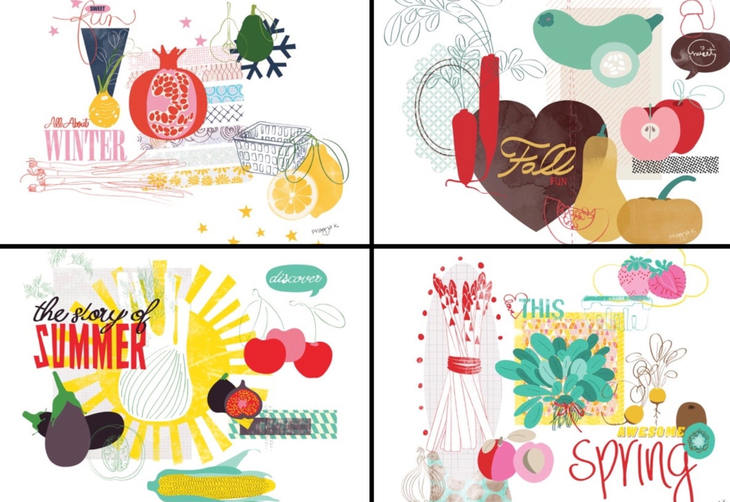 Kitchen Art Print Set Of 4 Seasonal Fruit And Vegetable