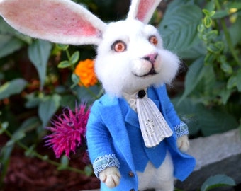 Wonderland The White Rabbit in a Blue Waistcoat Needle felted Storybook OOAK Doll