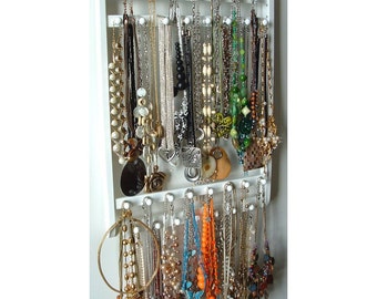 Jewelry Holder, Hangs 30 - 120 Necklaces, Oak Hardwood, Pick Your Stain, Wood White Holder, Necklace Organizer Wall Mounted, Solid Hardwood