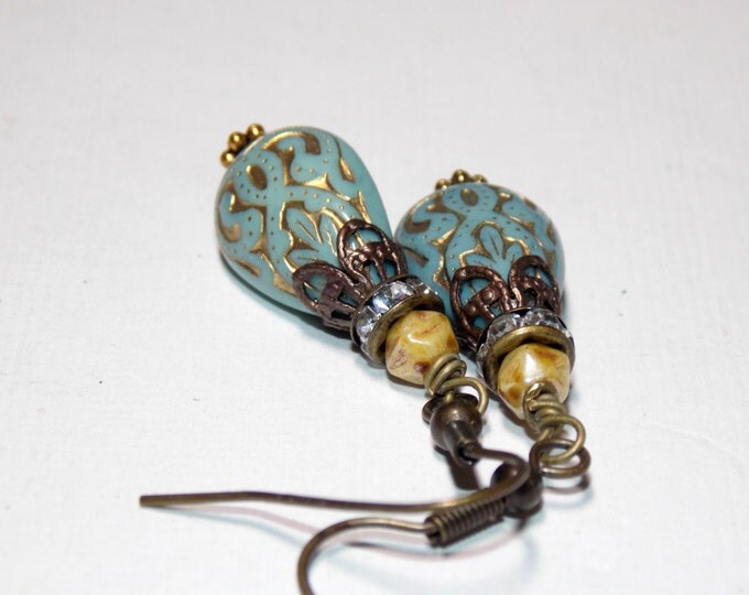 Teardrop Earrings Blue Gold Earrings Brass Rhinestones Vintage Earrings Etched Lucite Drop Earrings Czech Beads Taupe Aqua