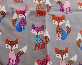 Zoology Collection, Lovely Floral Colorful Forest Woods Fox On Grey- Cotton Fabric (1/2 Yard)