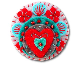Heart to Heart - Handmade Mini Felt Brooch - Grey - Made to order