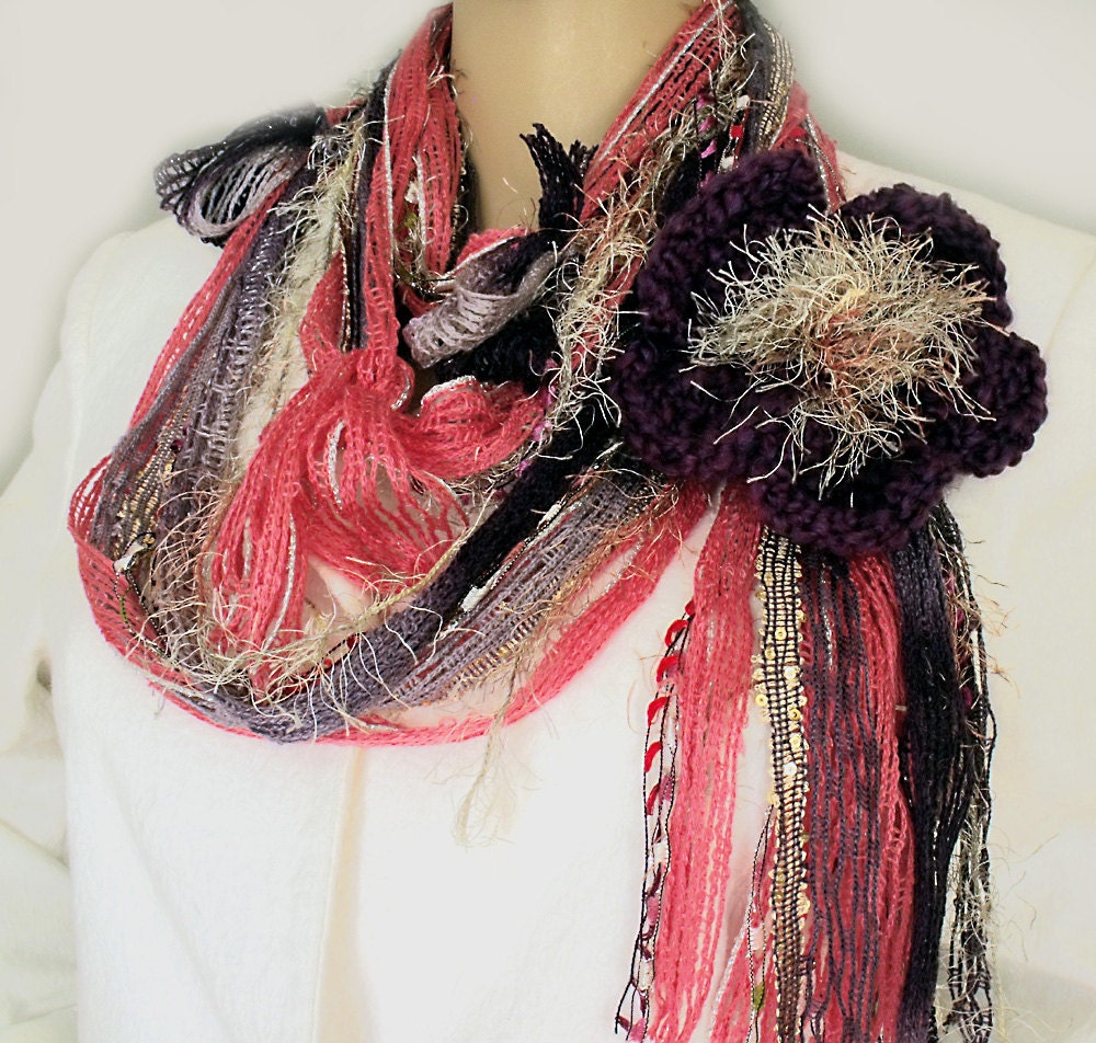 Scarf necklace Gypsy hippie scarf Boho scarf Mix yarn