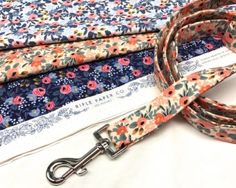 Rifle Paper Co. Fabric Dog Leash Les Fleurs Peach, Periwinkle, Navy Blue