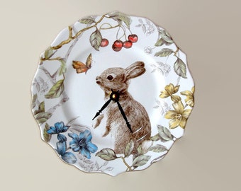 9 Inch Silent Bunny Rabbit Wall Clock, Porcelain Plate Clock, Unique Wall Decor, Kitchen Clock, Spring Wall Clock, Nursery Clock 2373
