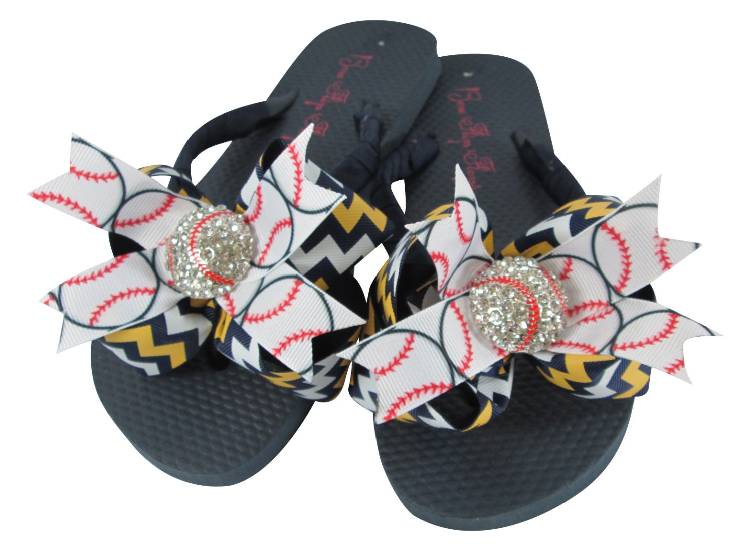 Baseball Bling Rhinestone Bow Flip Flops Gold and Navy