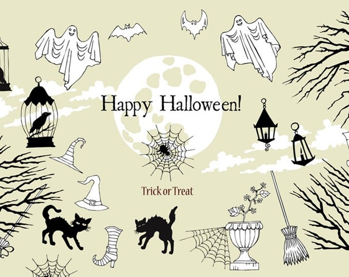 Halloween. Sketches and Silhouettes.Digital clip art with pumpkin, cat, ghost, hours, castle, moon, autumn