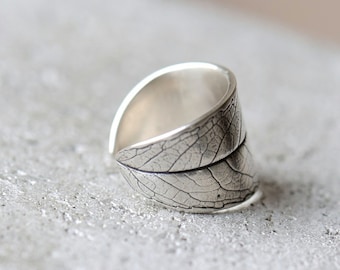 Leaf ring, silver willow leaf open adjustable in sizes 4-6. Sterling silver wide chunky ring.