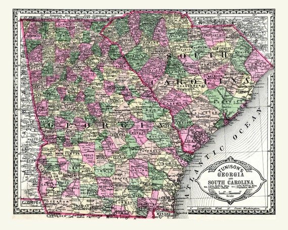 Items similar to Antique digital map of Georgia South Carolina from the ...