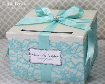 Wedding Card Box Ivory and Aqua Blue Lace Wedding Card Holder Customizable