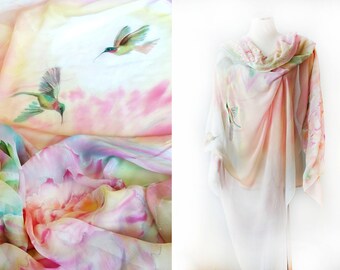Silk Shawl Hand Painted Silk Wrap Silk Chiffon Veil One of a Kind Hummingbirds and Peonies Custom Made