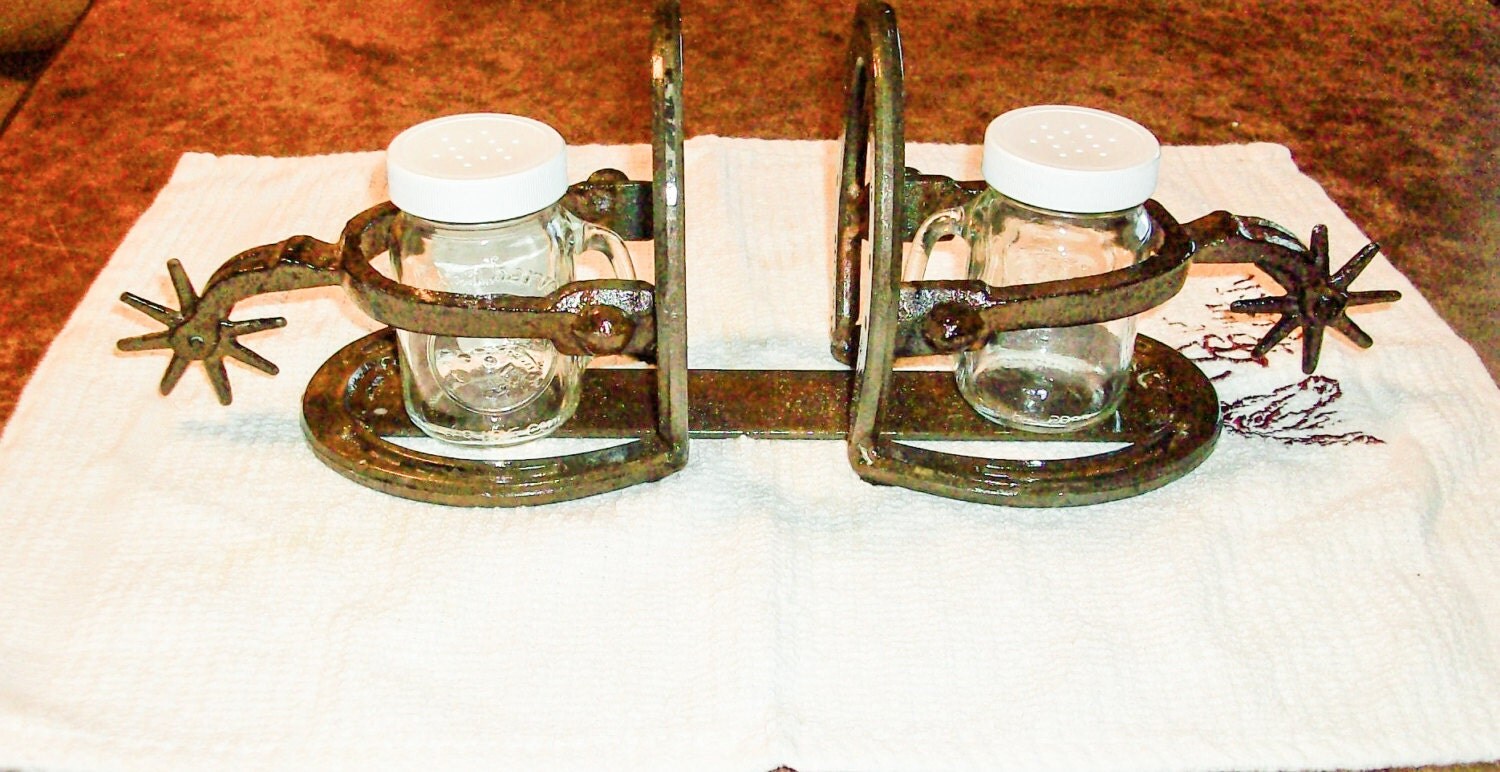 Horse Shoe Salt and Pepper Napkin Holder With Spur Horseshoe