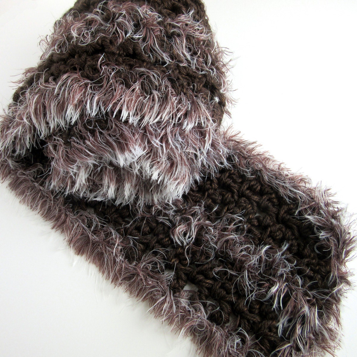 Brown Knit Scarf Brown Crochet Scarf Faux Fur Scarf