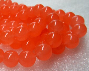 Jade Beads 10mm Orange Sherbet Semi Translucent Smooth Candy Rounds - 8 Inch Strand
