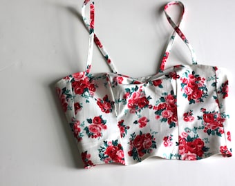 White Rose print bustier crop top / Floral Sleeveless summer top
