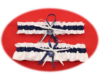 White and Navy Blue Wedding Garter with Air Force Deco, Bridal Garter Set (Your Choice, Single or Set)
