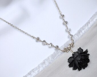 Black Rose Necklace, Black Flower Necklace, Antique Silver Rose Necklace, Grey Crystal Bead Necklace, Silver Flower Necklace, Statement Goth