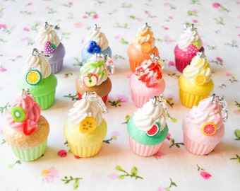 Polymer Clay Charm, Fruit Cupcake Charms, Clip Charms, Fruit, Cupcake, Charms, Polymer Clay, Miniature Food, Stitch Marker, Bracelet Charm